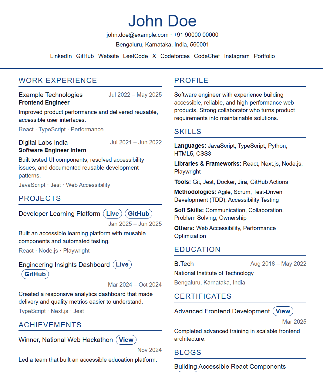 Resume template 20 preview using fictional data