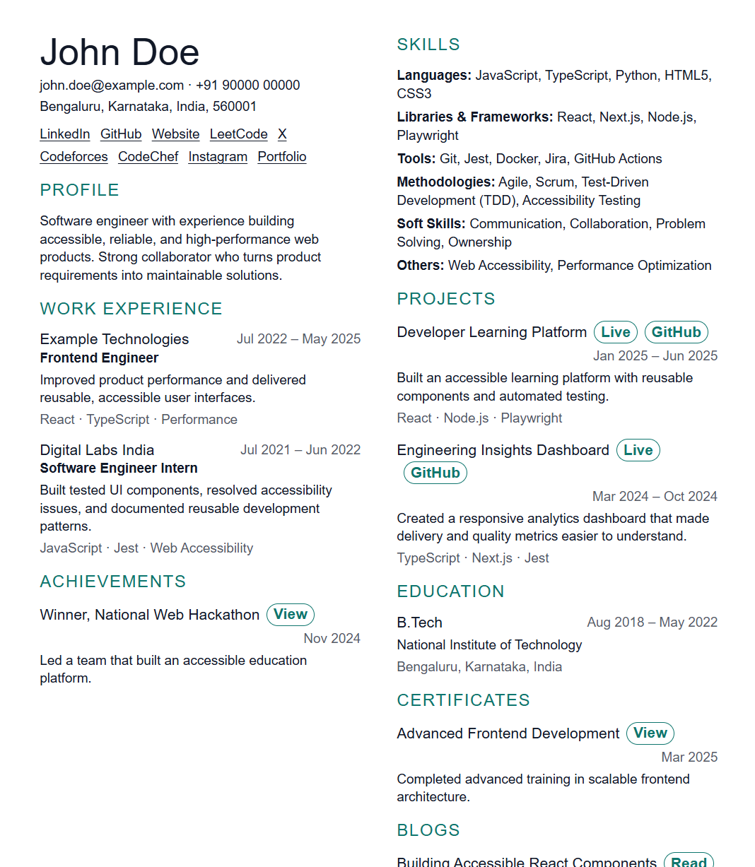 Resume template 11 preview using fictional data