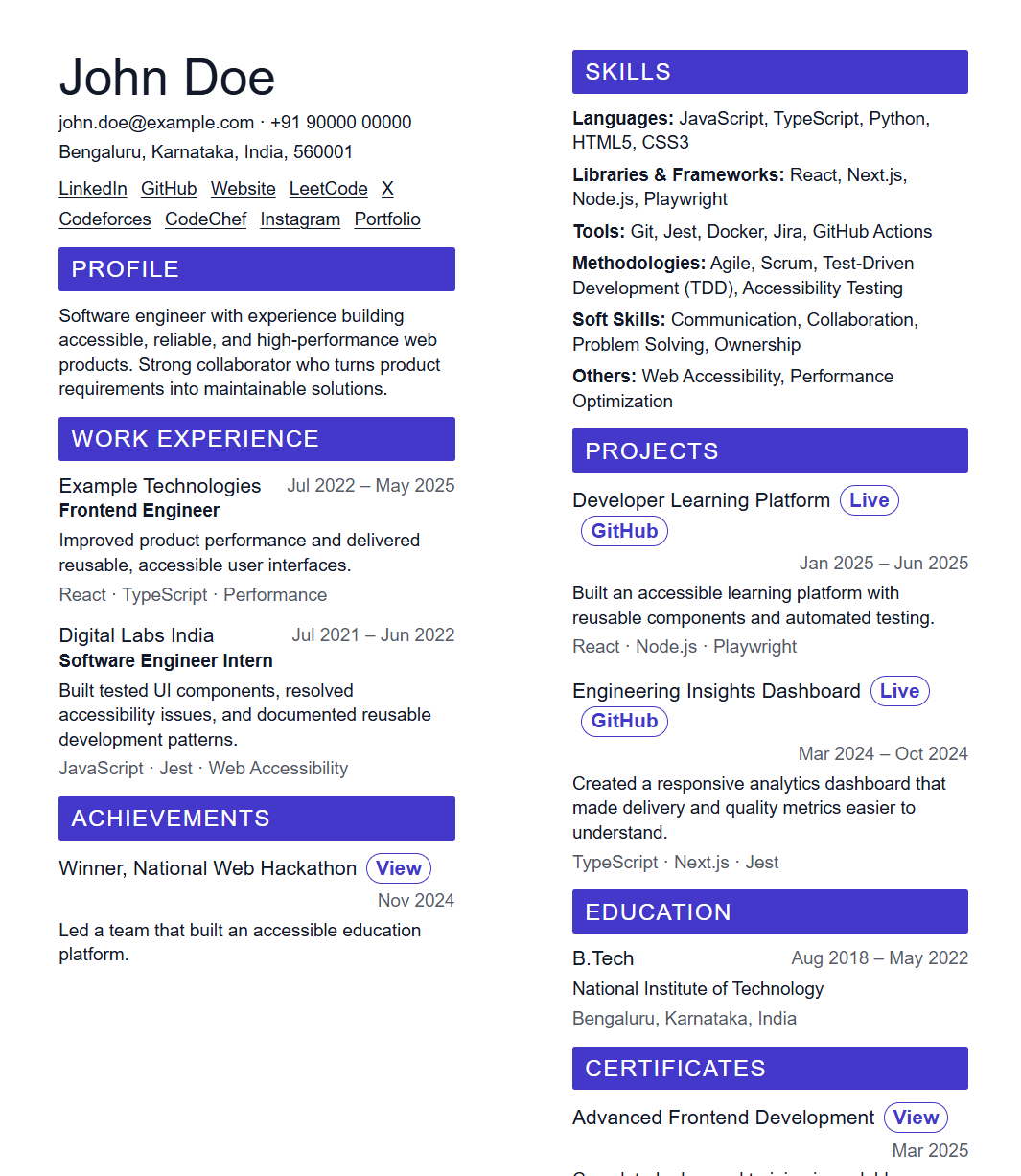 Resume template 18 preview using fictional data