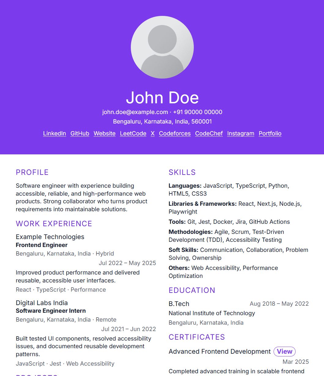 Resume template 15 preview using fictional data