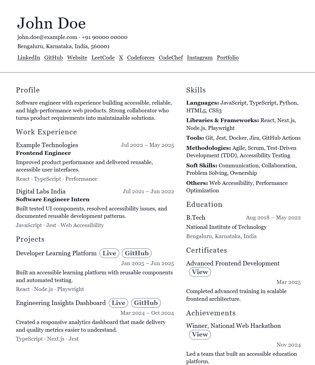 Resume template 12 preview using fictional data
