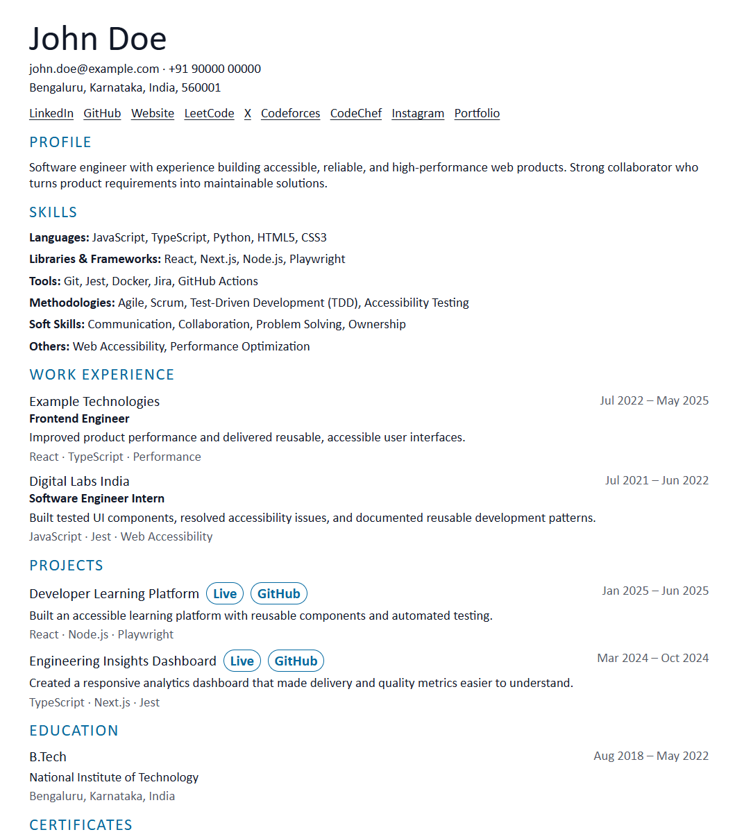Resume template 8 preview using fictional data