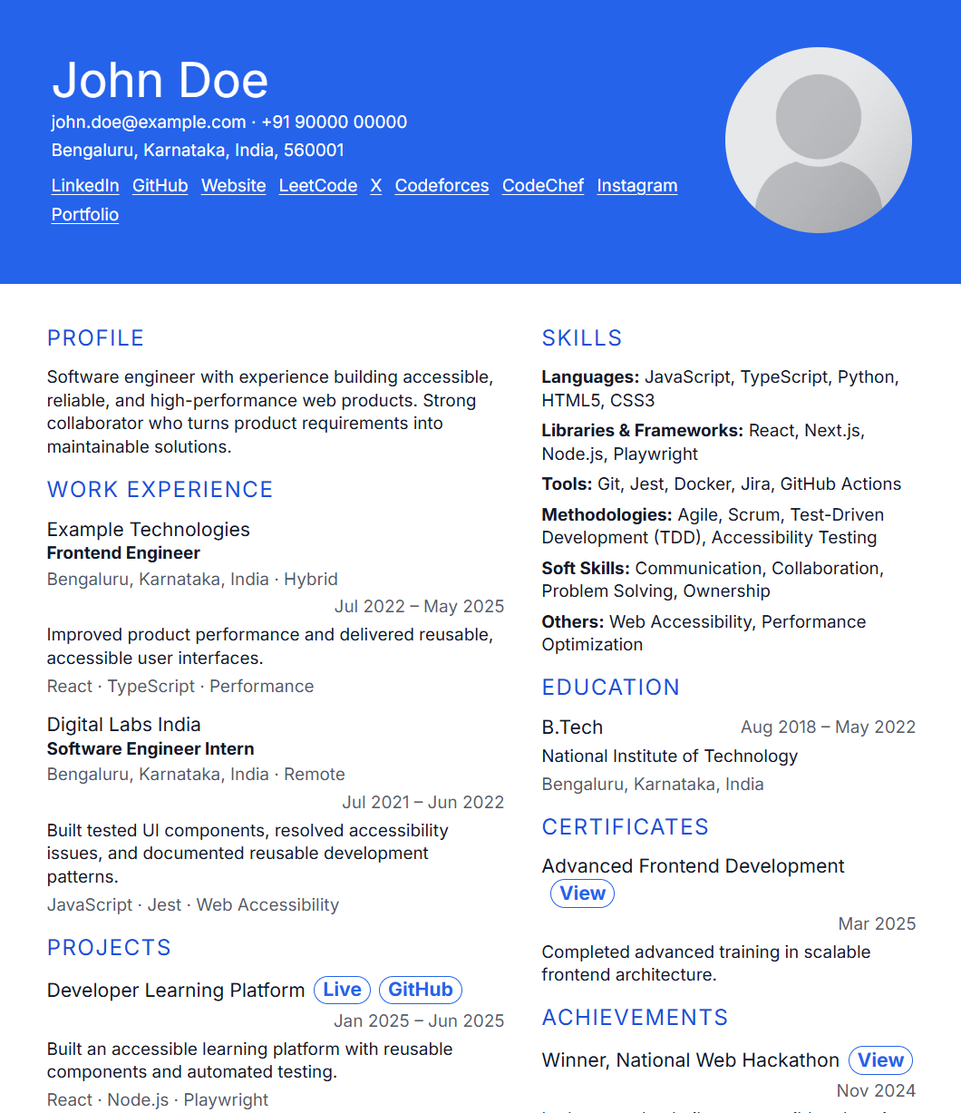 Resume template 10 preview using fictional data