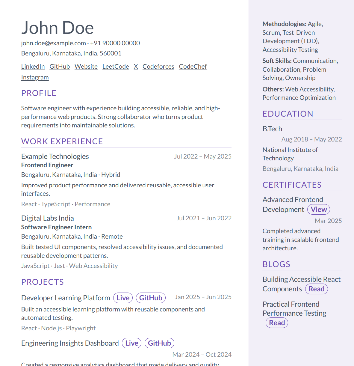 Resume template 21 preview using fictional data