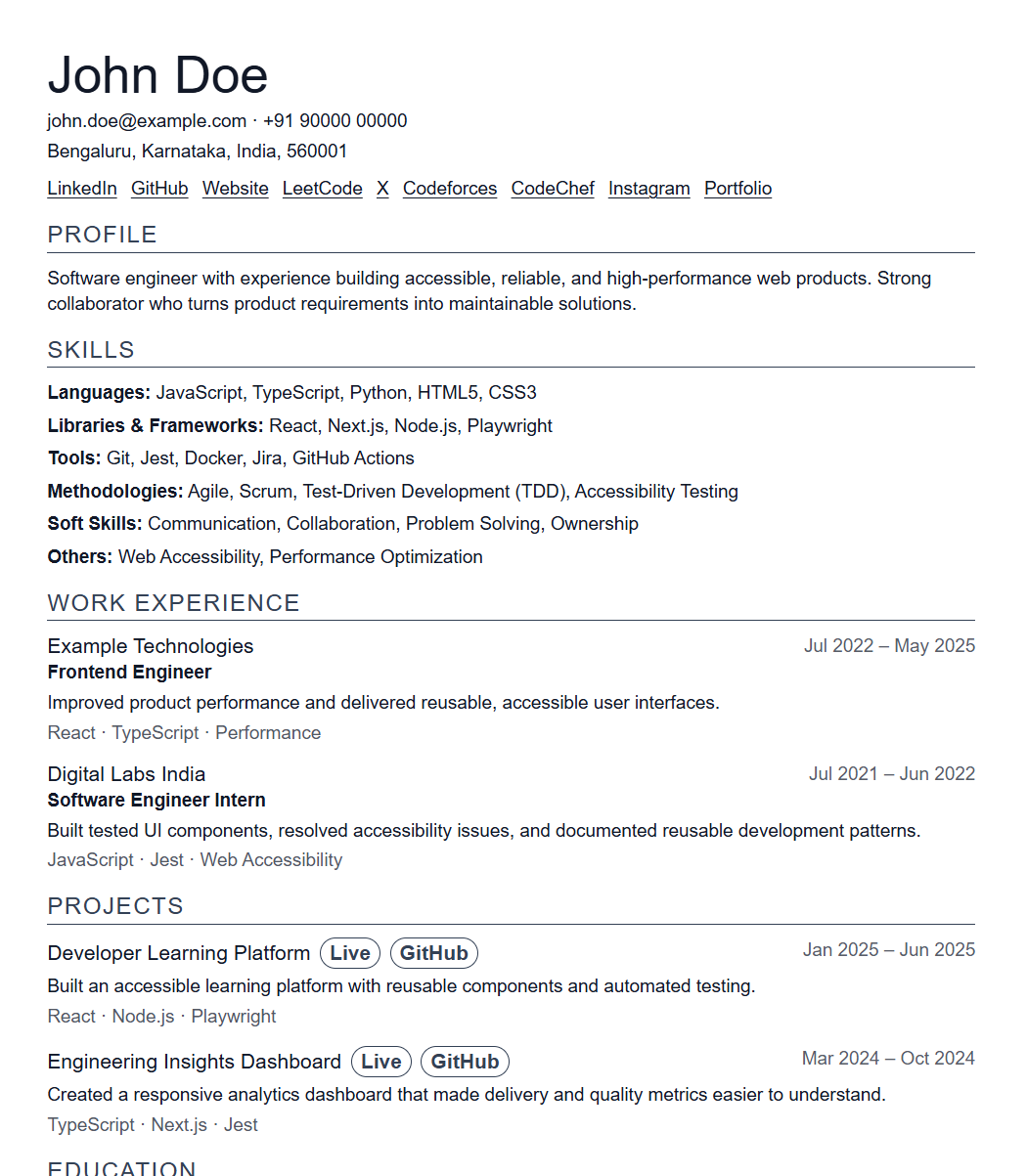 Resume template 6 preview using fictional data