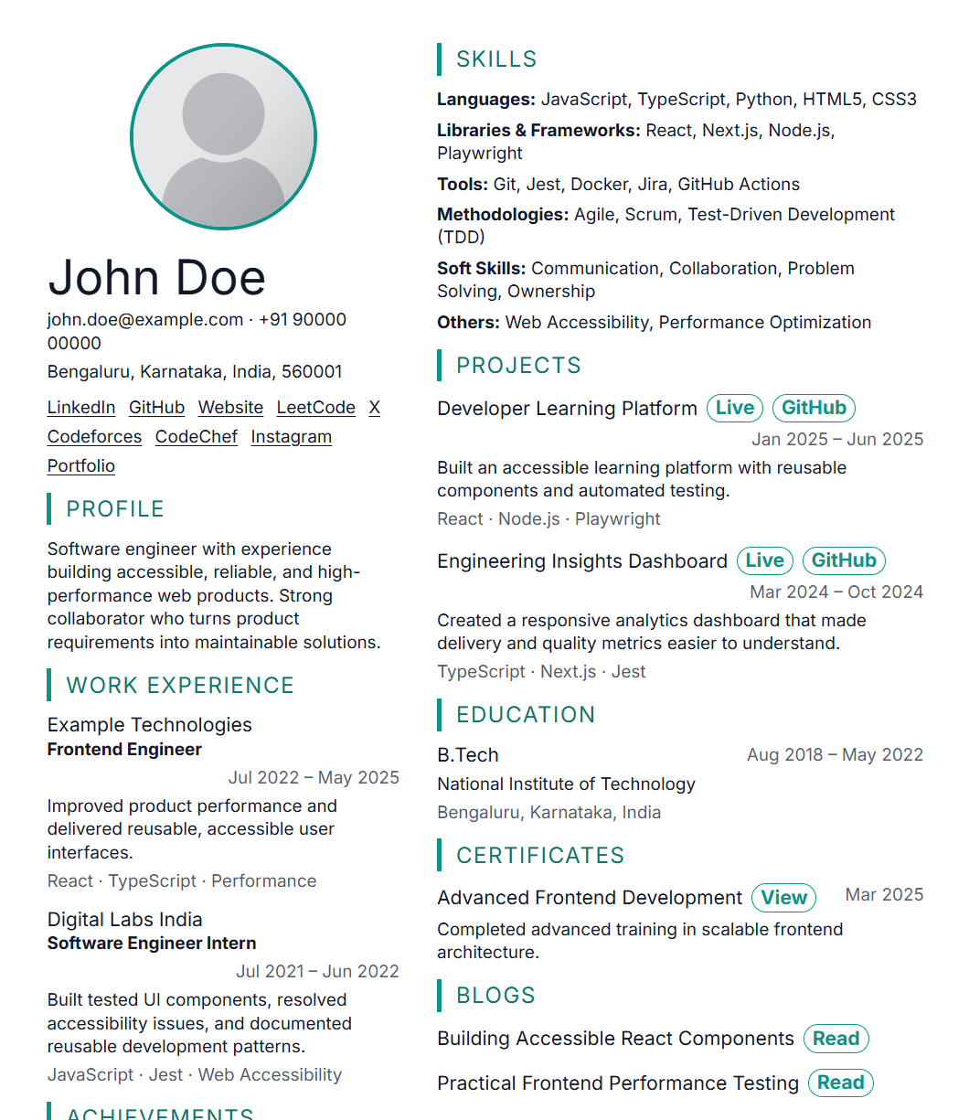 Resume template 19 preview using fictional data