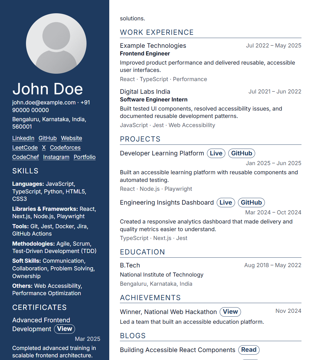 Resume template 13 preview using fictional data