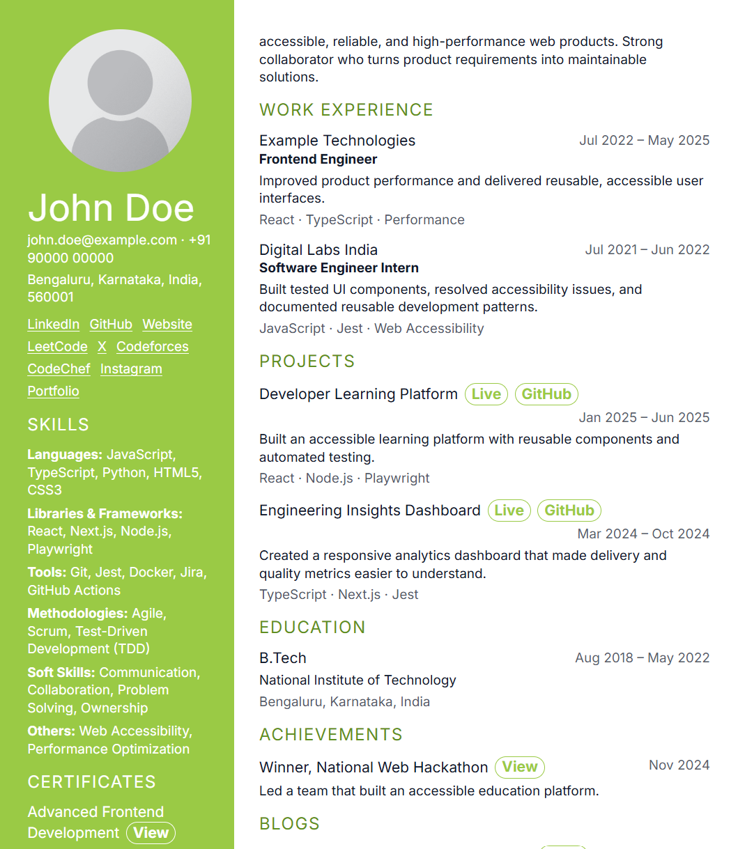 Resume template 9 preview using fictional data