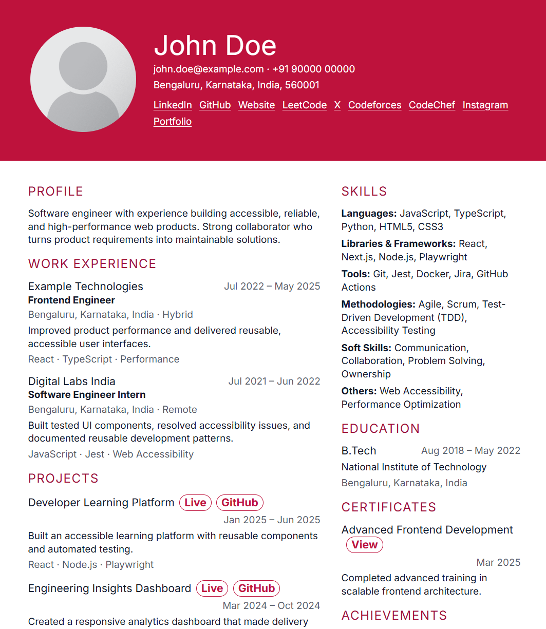 Resume template 16 preview using fictional data