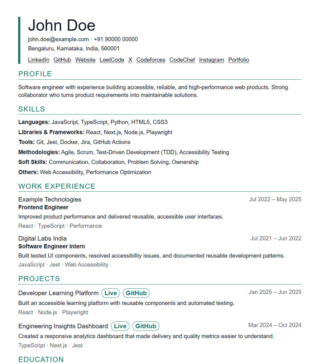Resume template 17 preview using fictional data