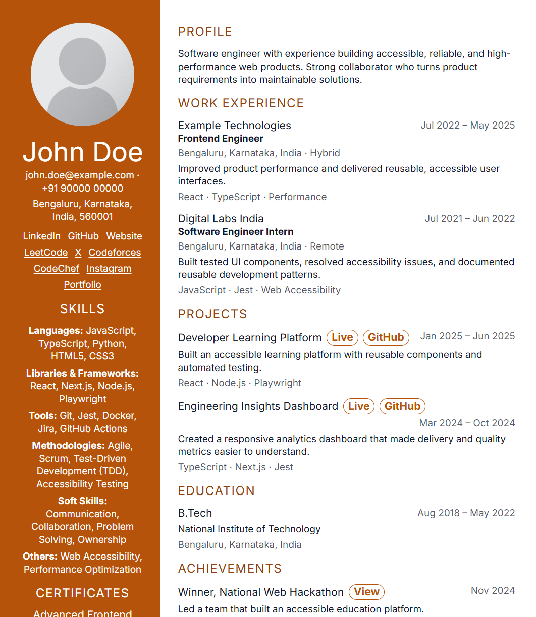 Resume template 14 preview using fictional data